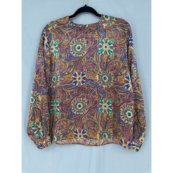 90s Vintage Top Womens Large Yellow Paisley Satin Boho Psychedelic Bohemian - Picture 6 of 8